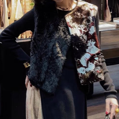 三吉【彩云归】国风新中式拼接皮草马甲女款2024新款冬季外穿