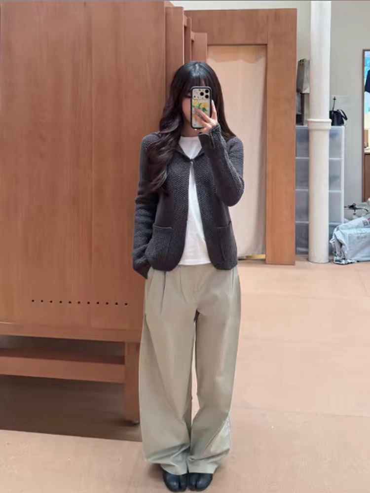 at菠萝针开衫 绵羊毛正肩收腰一粒扣针织开衫连帽上衣外套女