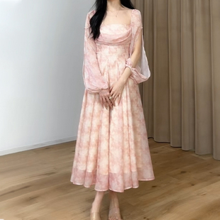 Ac弥春粉调法式茶歇裙印花收腰大裙摆粉色仙女连衣裙气质优雅长裙