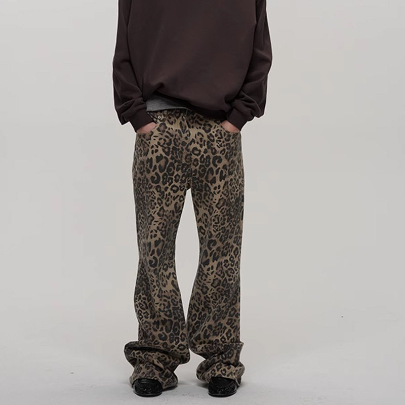 ECHOADE复古时髦街头感1OO%棉宽松微喇中低腰做旧水洗豹纹牛仔裤