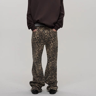 ECHOADE复古时髦街头感1OO%棉宽松微喇中低腰做旧水洗豹纹牛仔裤