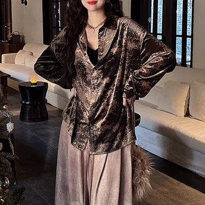 三吉【拂晓】国风新中式丝绒印花衬衫女上衣内搭高级感轻奢潮