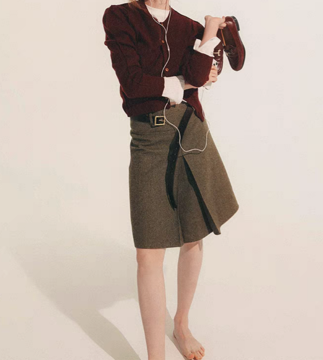 ROOMA  经典老钱风橄榄绿毛呢半裙