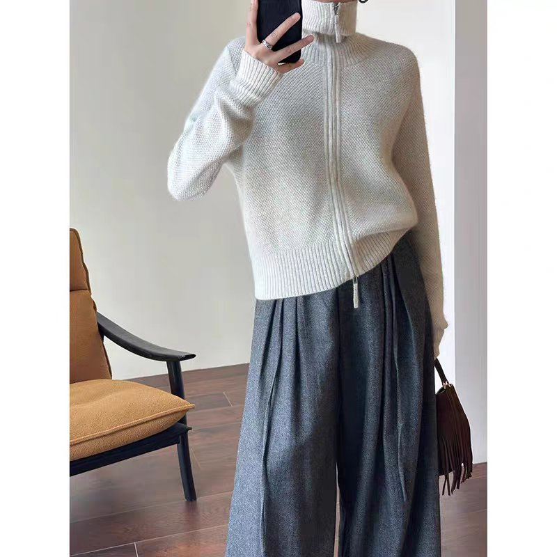 WANG镪推！穿上就爱不释手！双头拉链立领牦牛绒针织开衫外套女冬