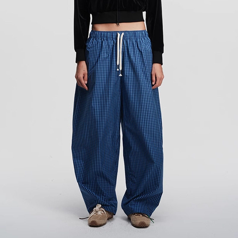 ECHOADE时髦随性 宽松简约撞色腰绳自带堆积感设计蓝格阔腿休闲裤