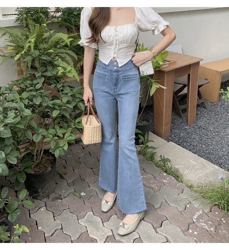 神仙翘弹力修身微喇高腰牛仔