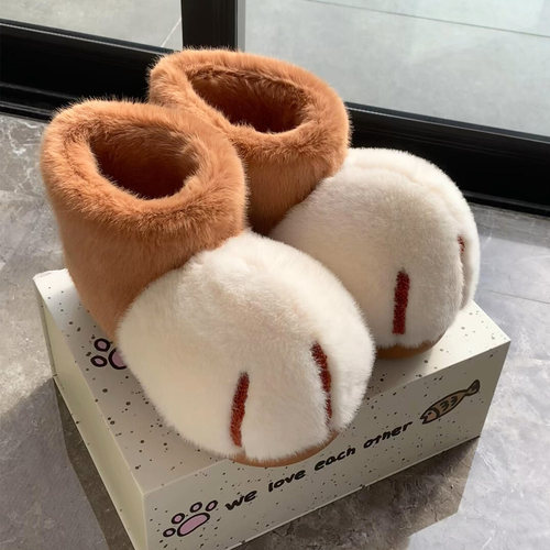 毛绒猫爪棉拖鞋女2025新款冬包跟可外穿厚底棉靴室内家居加绒保暖