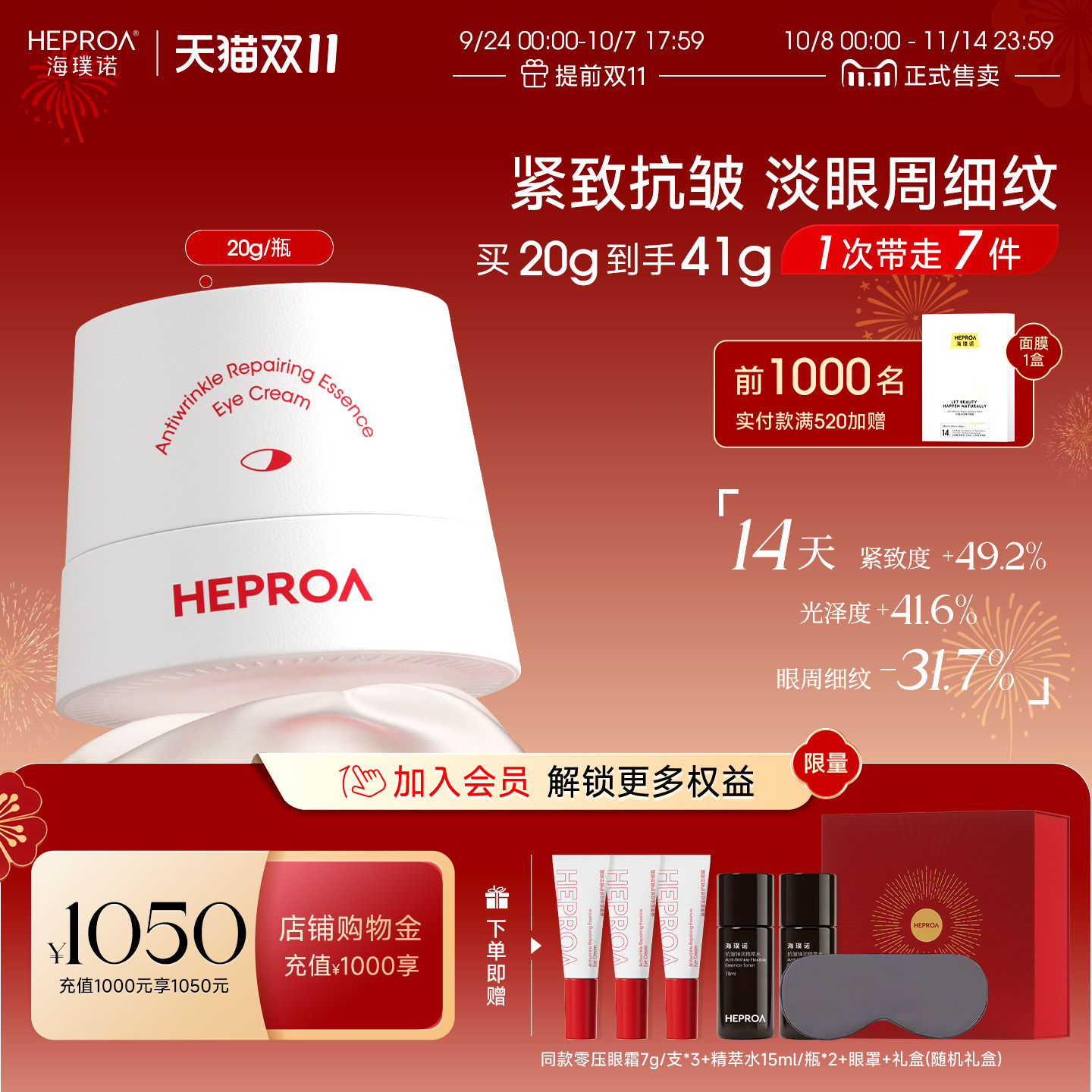 海璞诺抗皱紧致眼霜淡化细纹黑眼圈眼袋修护保湿咖啡因眼霜女新品