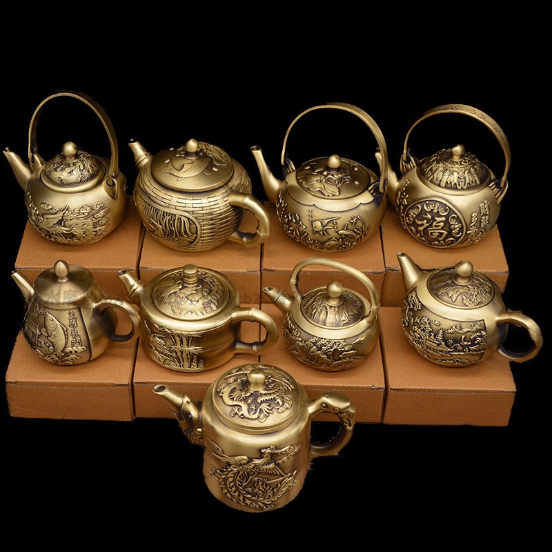 纯铜茶壶摆件古风茶具茶室装饰品铜工艺品复古做旧中国风黄铜酒壶