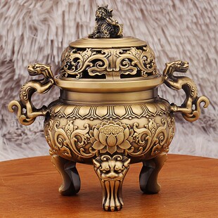 纯铜香炉家用香薰炉带盖狻猊三足香炉黄铜室内鼎炉仿古做旧檀香炉