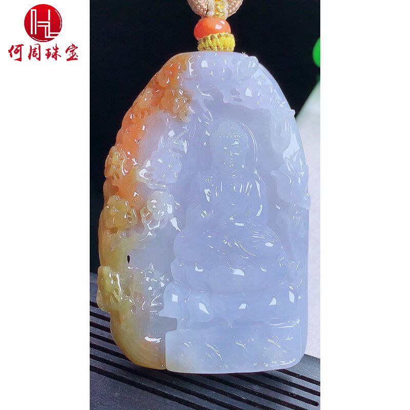 何周珠宝 缅甸天然a货翡翠孤品 老坑冰种山水阿弥陀佛吊坠挂件