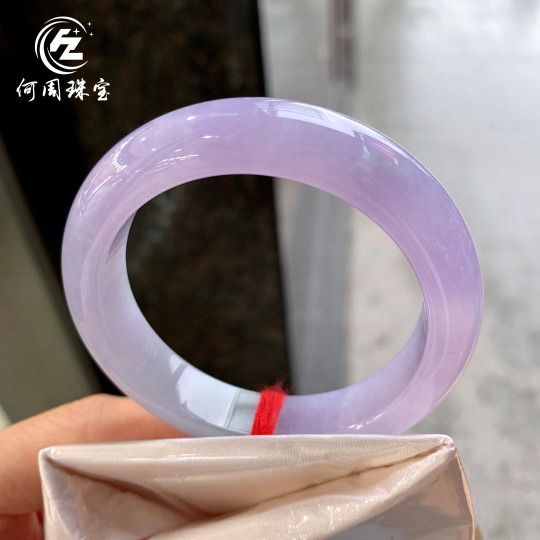 何周珠宝 缅甸天然A货玉石翡翠 老坑冰种紫罗兰正装手镯51-52圈口