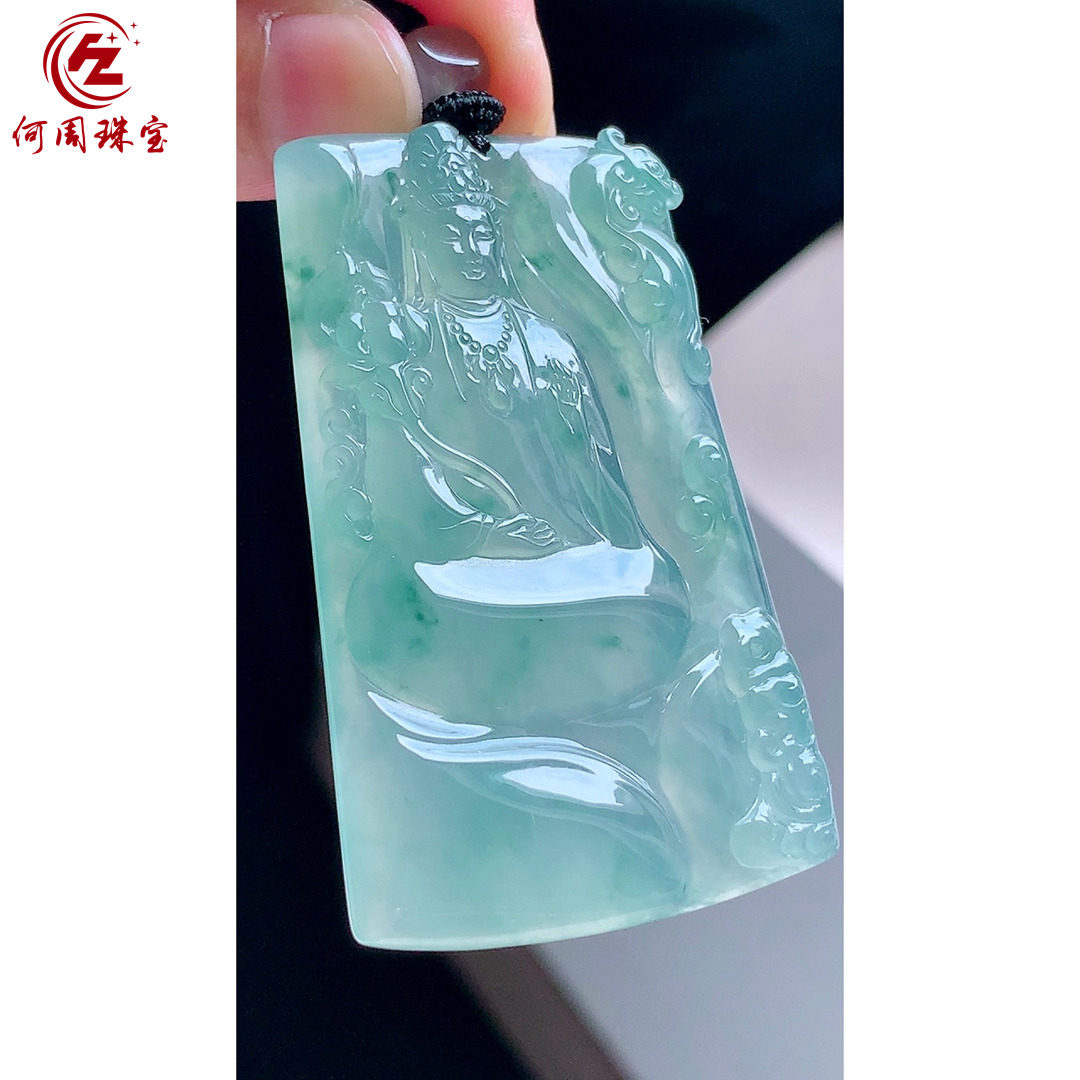 何周珠宝 缅甸天然A货翡翠玉石孤品 老坑冰种飘花大势至菩萨吊坠