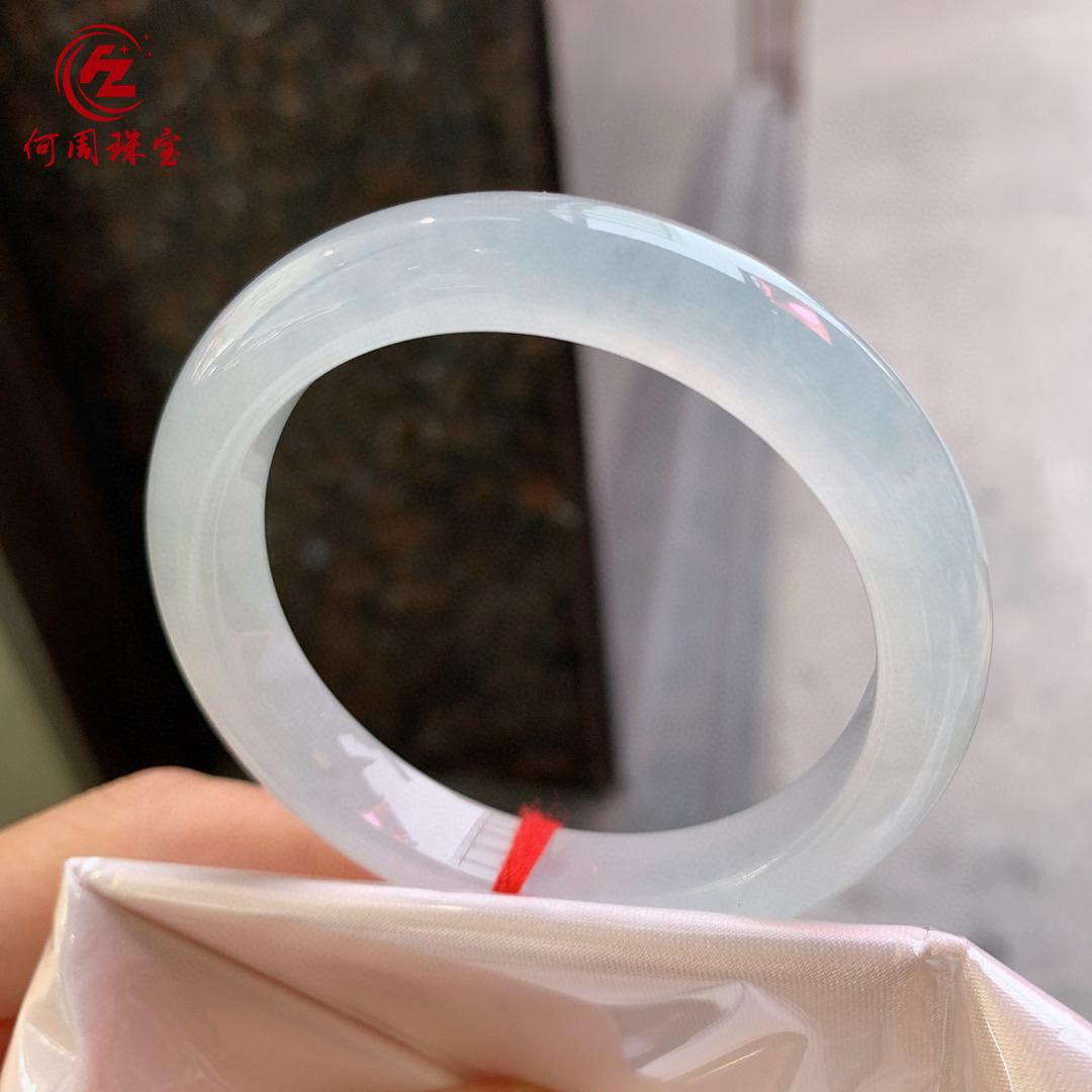 何周珠宝 缅甸天然A货翡翠 老坑冰种白月光正装手镯正圈50-51圈口