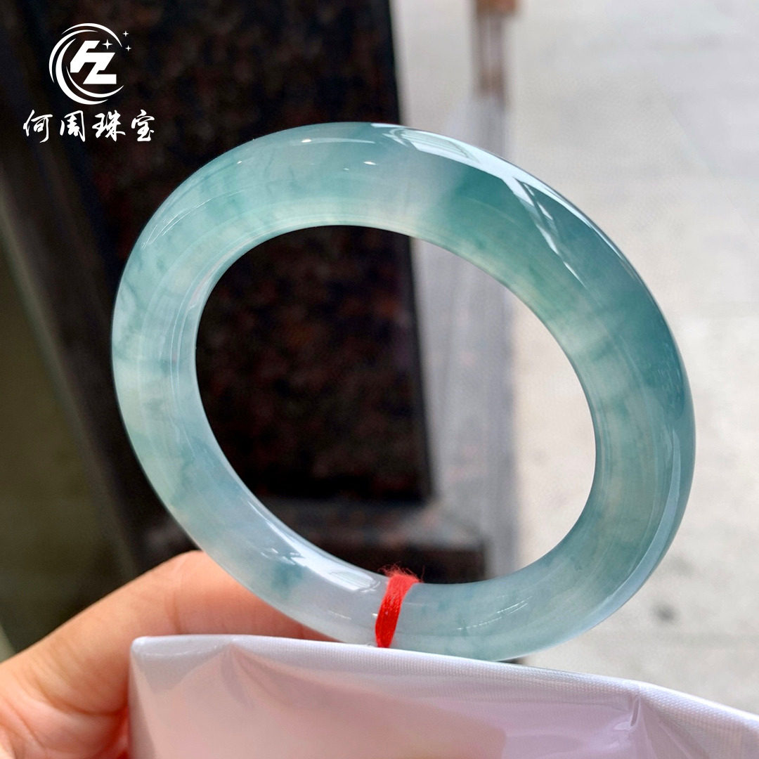 何周珠宝 缅甸天然A货玉石翡翠 老坑冰种飘花圆条手镯54-55圈口