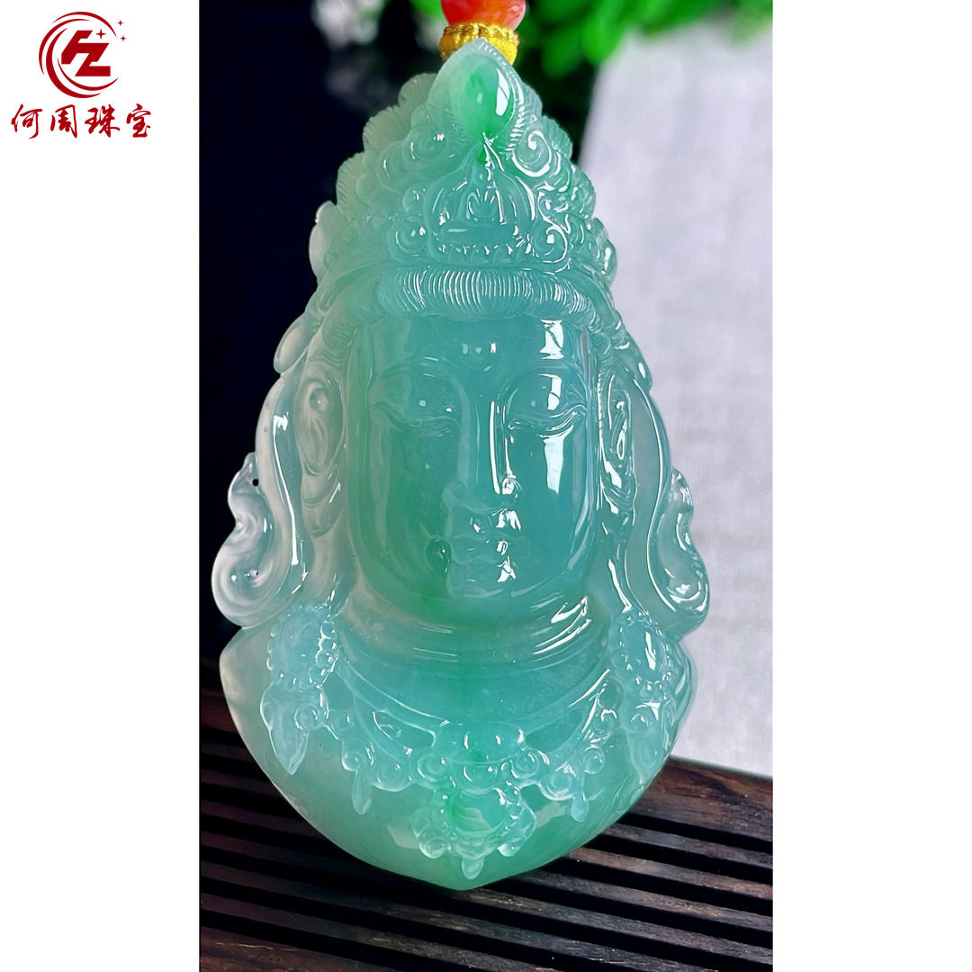 何周珠宝 缅甸天然A货翡翠玉石孤品 老坑冰种绿底观音头像吊坠