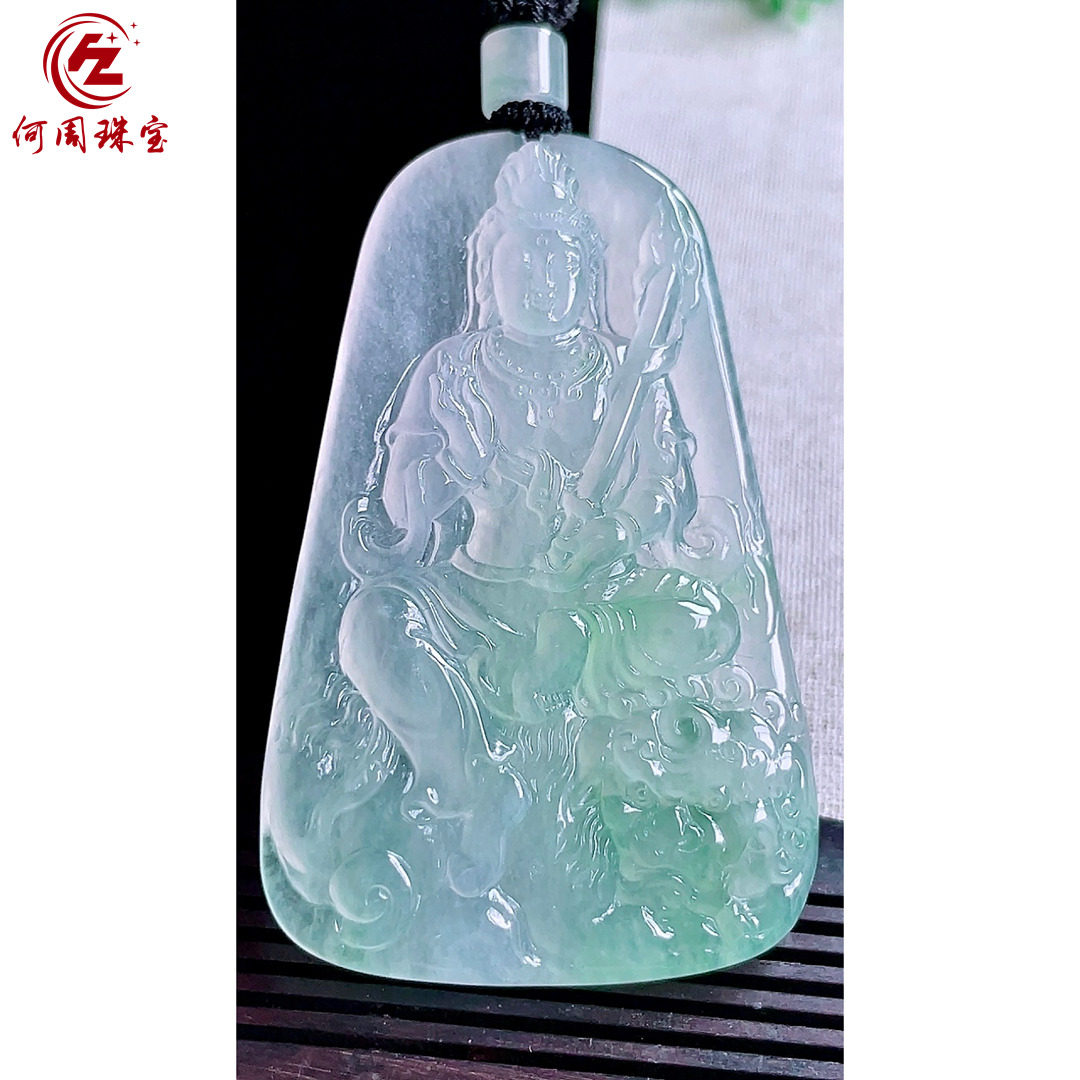 何周珠宝 缅甸天然A货翡翠玉石孤品 老坑高冰种飘绿文殊菩萨吊坠