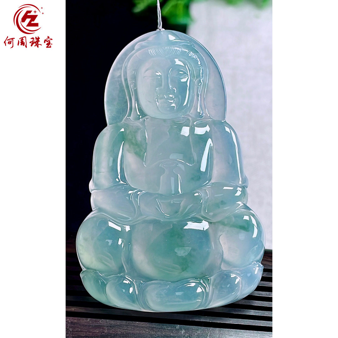 何周珠宝 缅甸天然A货翡翠玉石孤品 老坑冰种飘花正装观音吊坠