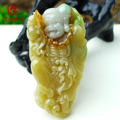 何周珠宝 缅甸天然A货翡翠玉石孤品 老坑冰种双彩活佛济公吊坠