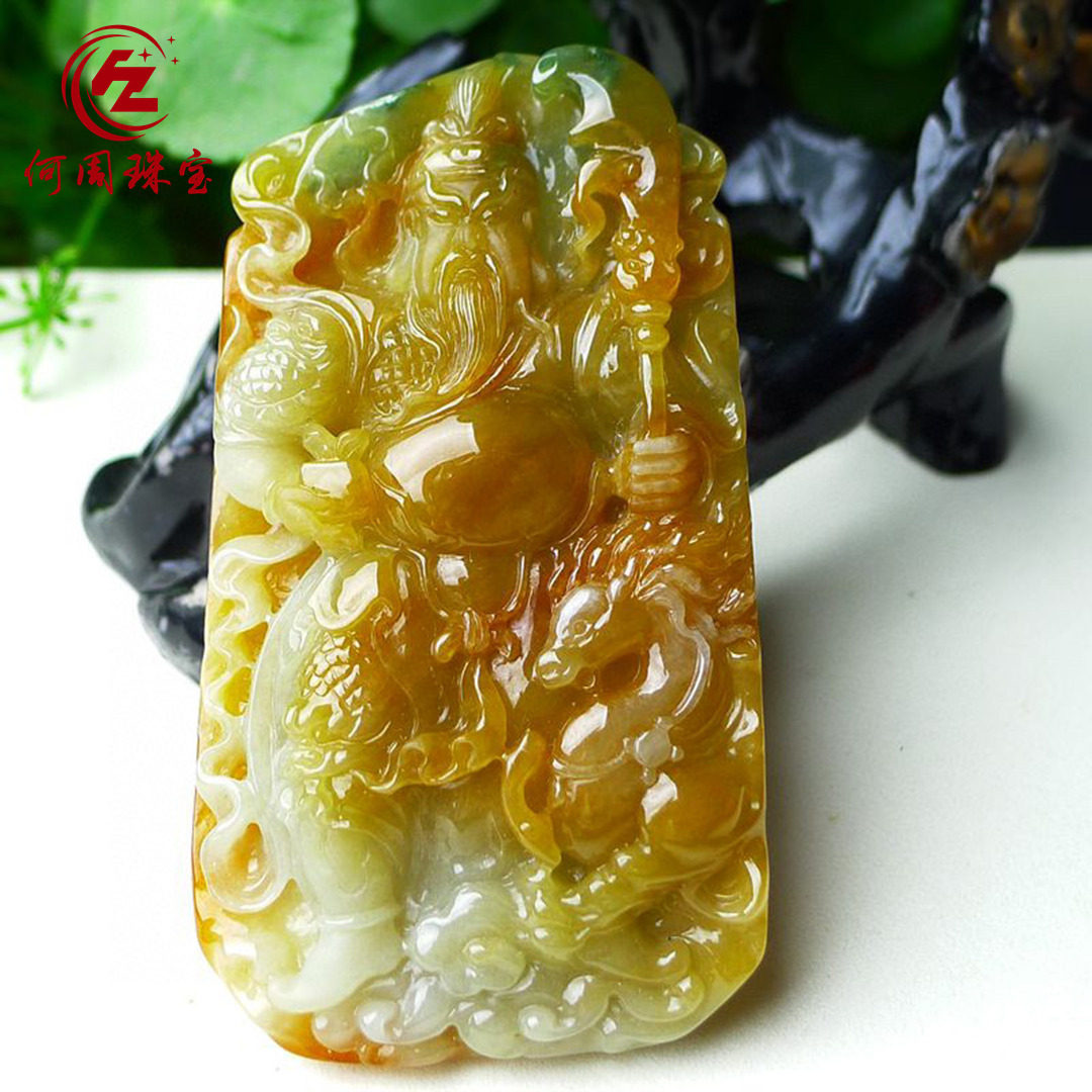 何周珠宝 缅甸天然A货翡翠玉石孤品 老坑冰种双彩红翡关公吊坠