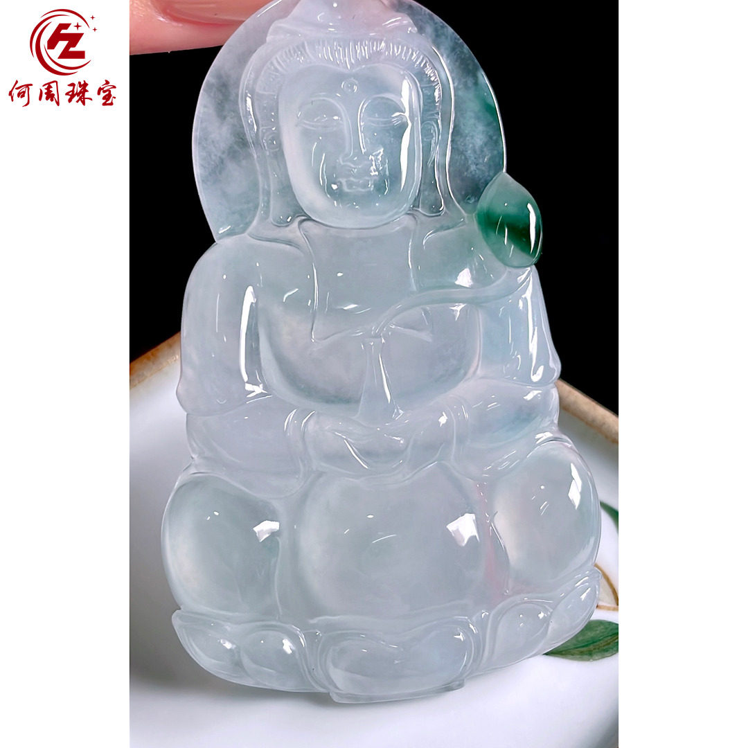 何周珠宝 缅甸天然A货翡翠玉石孤品 老坑冰种飘花大观音菩萨吊坠