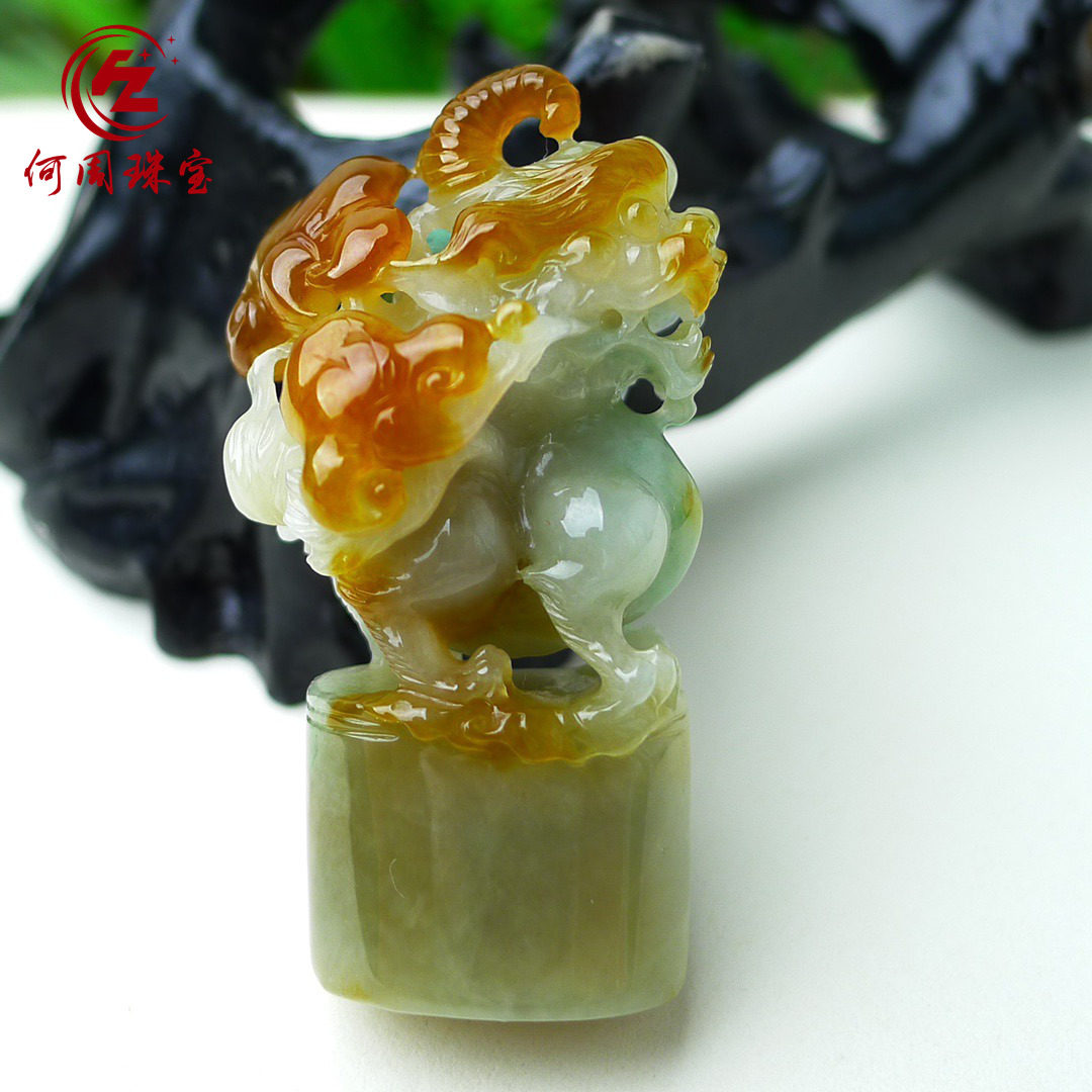 何周珠宝 缅甸天然A货翡翠孤品 老坑冰种双彩红翡飘绿色貔貅吊坠