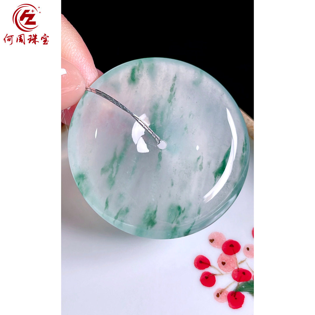 何周珠宝 缅甸天然A货翡翠玉石孤品 老坑高冰种飘花平安扣吊坠