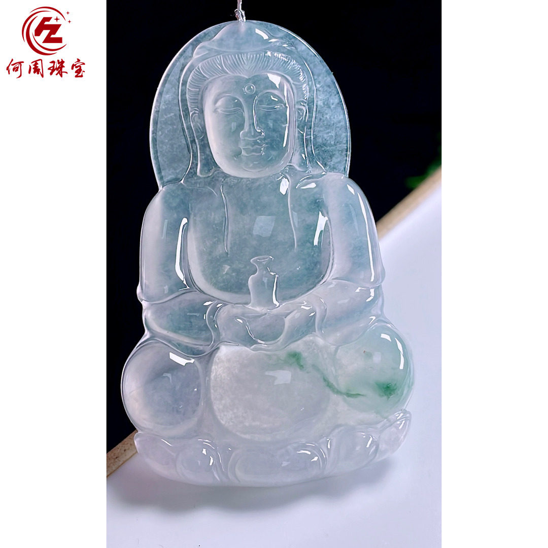 何周珠宝 缅甸天然A货翡翠玉石孤品 老坑高冰种飘花正装观音吊坠