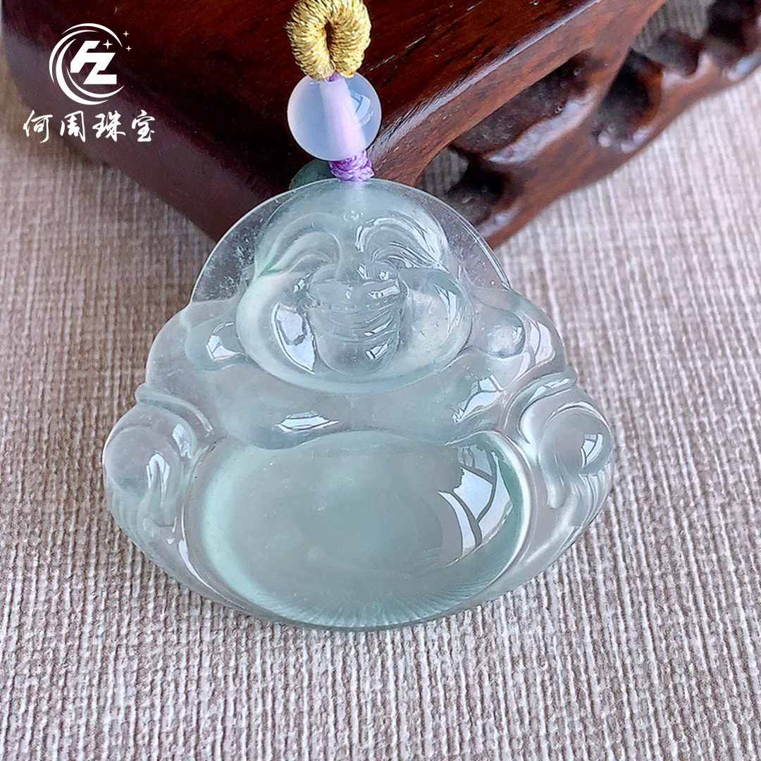 何周珠宝 缅甸天然A货翡翠玉石孤品 老坑冰种晴水起荧光佛公吊坠