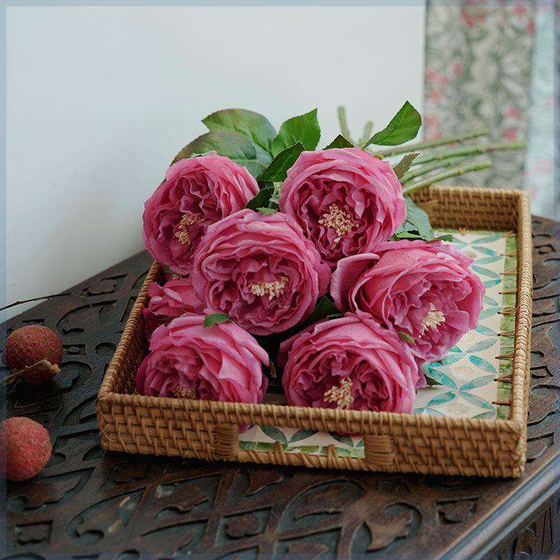 出口美国单头手感布仿真保湿玫瑰花一捧秋玫红色玫瑰8枝44cm