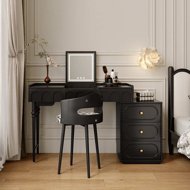 法式复古实木翻盖梳妆台斗柜一体小户型卧室中古风储物黑色化妆桌