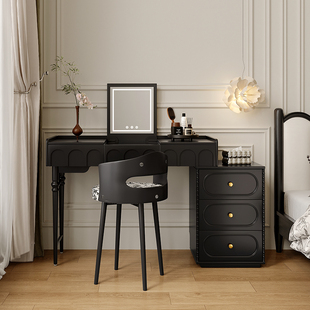 法式复古实木翻盖梳妆台斗柜一体小户型卧室中古风储物黑色化妆桌
