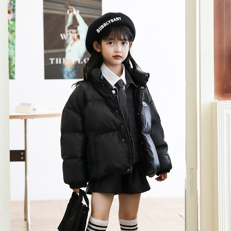 儿童羽绒服男童短款PU皮防风防水2024新款加厚女童羽绒服中大童装