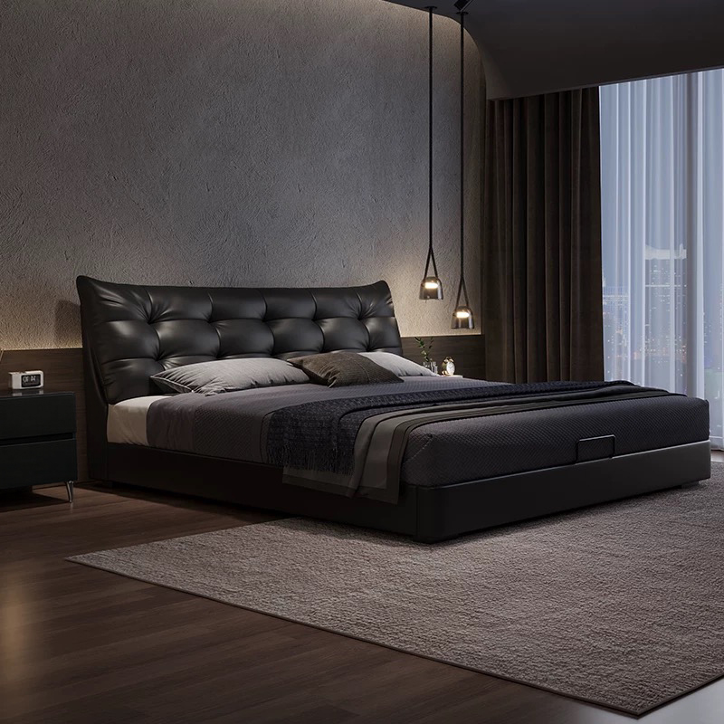 意式轻奢真皮床1.8米黑色头层牛皮软包高箱储物床现代简约双人床