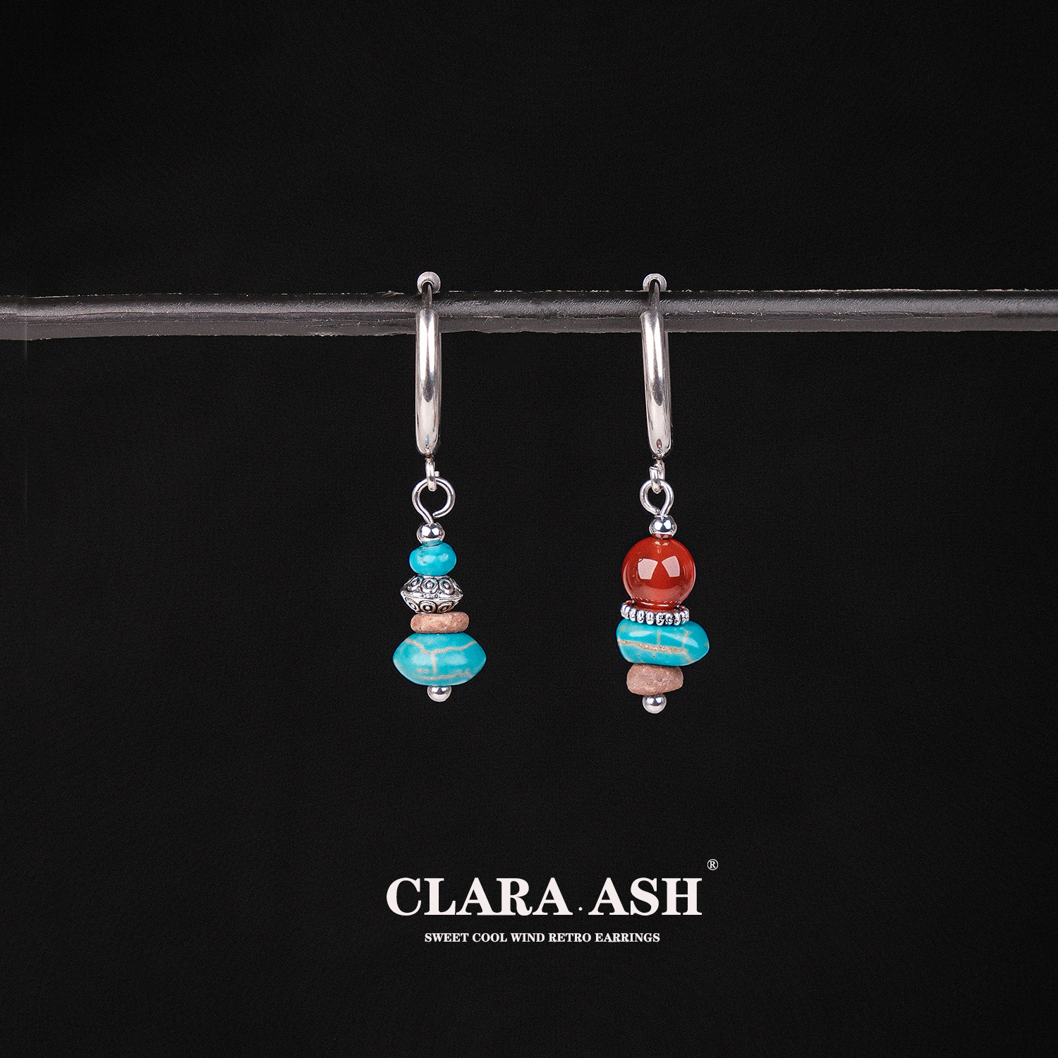 ClaraAsh 原创不对称绿松石耳环女藏式复古民族串珠耳坠男高级感