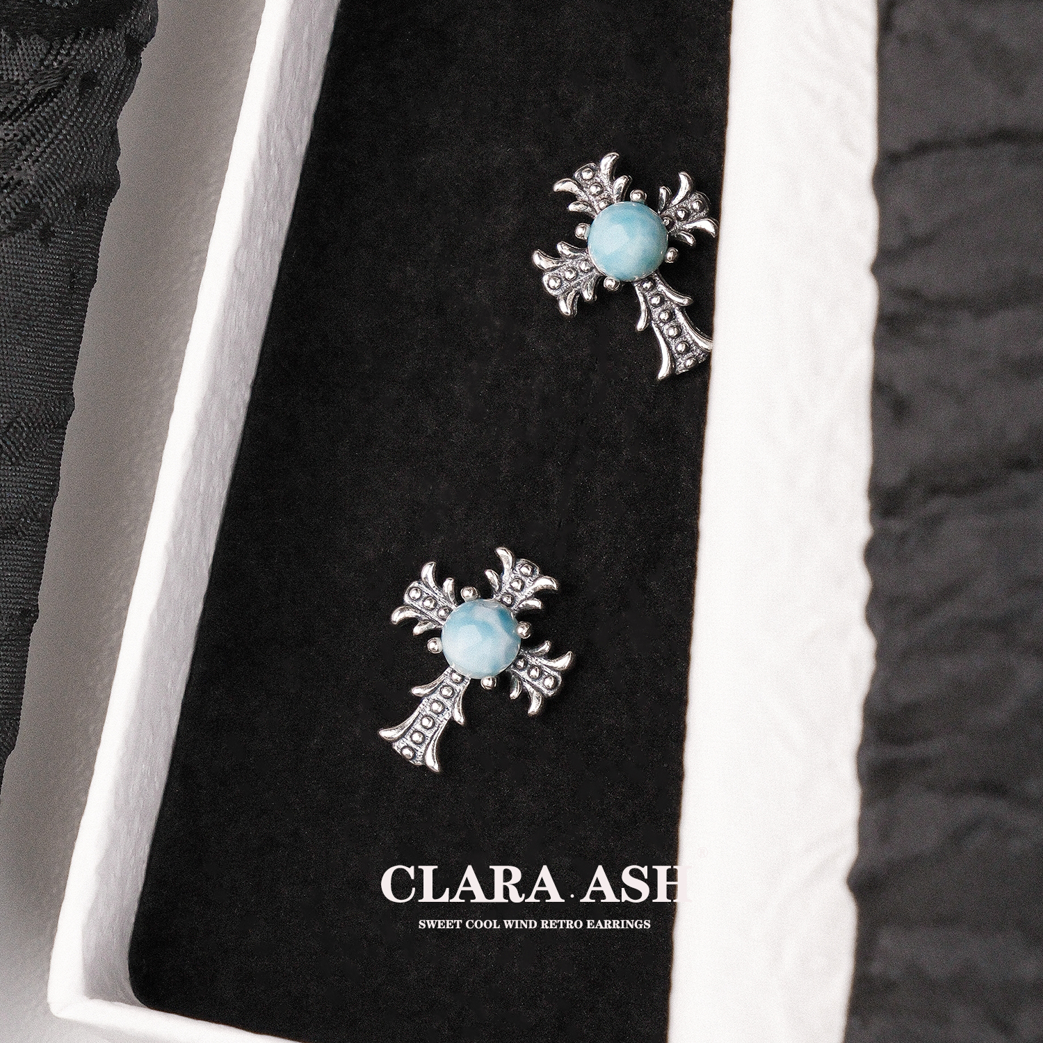 十字架海纹石耳钉|高级复古