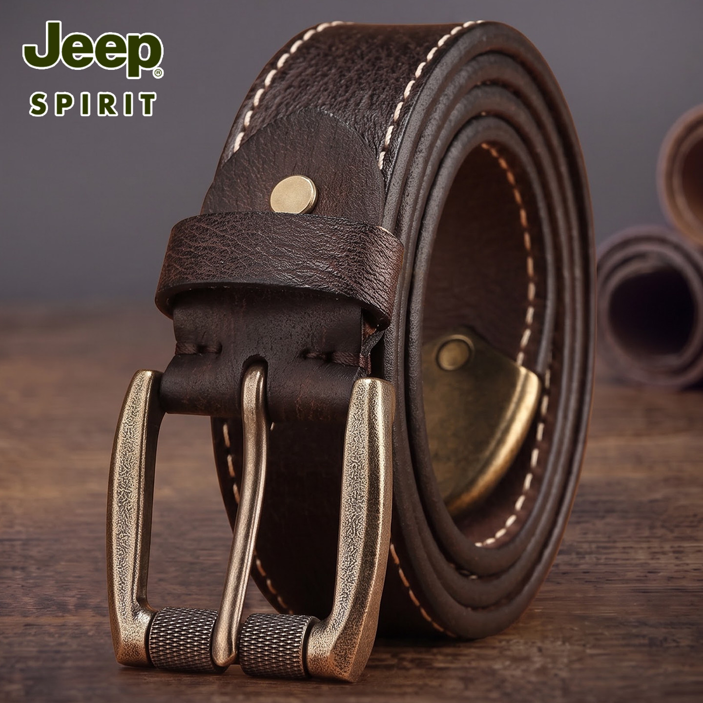 Jeep男士双层牛皮复古针扣腰带