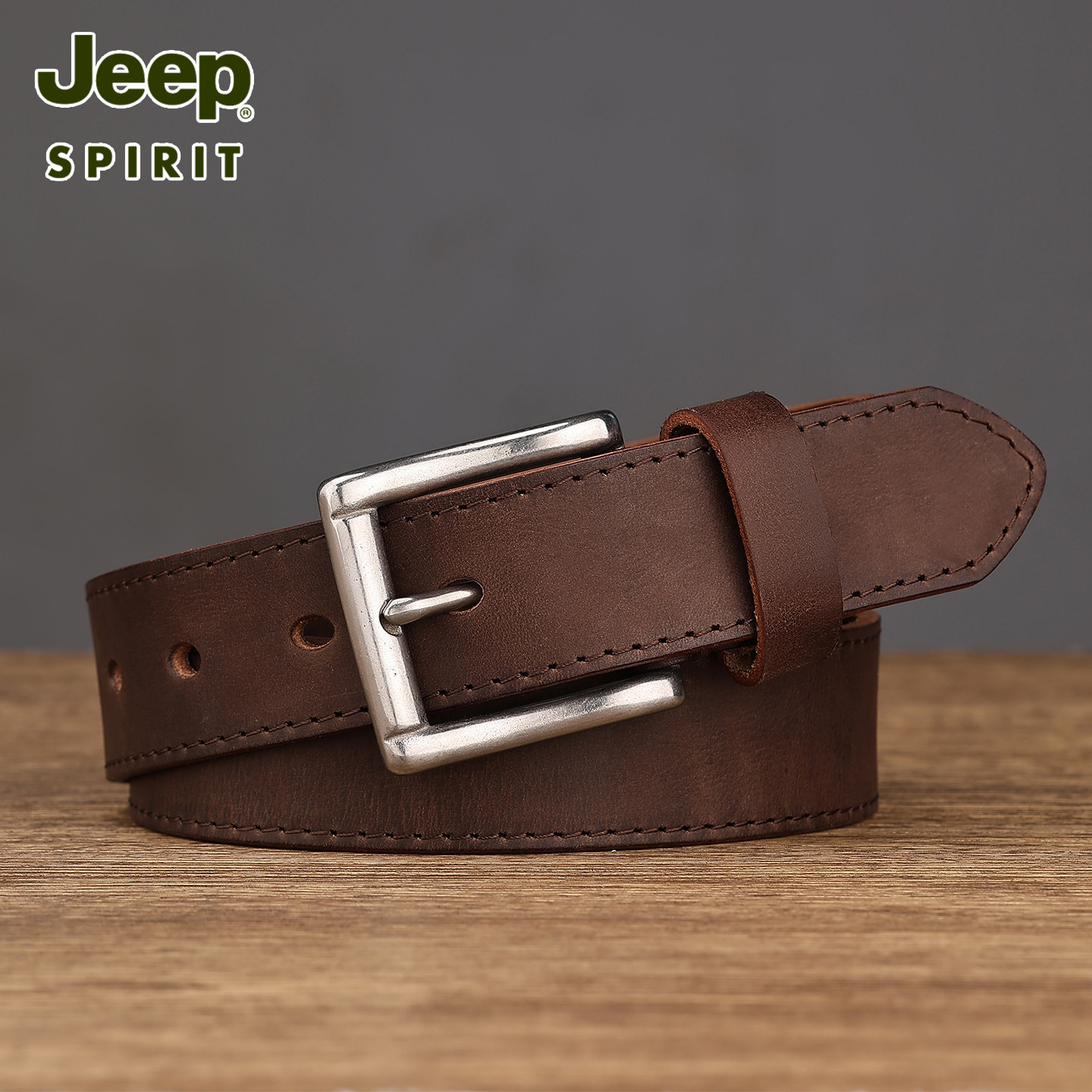 Jeep男士头层牛皮复古针扣腰带