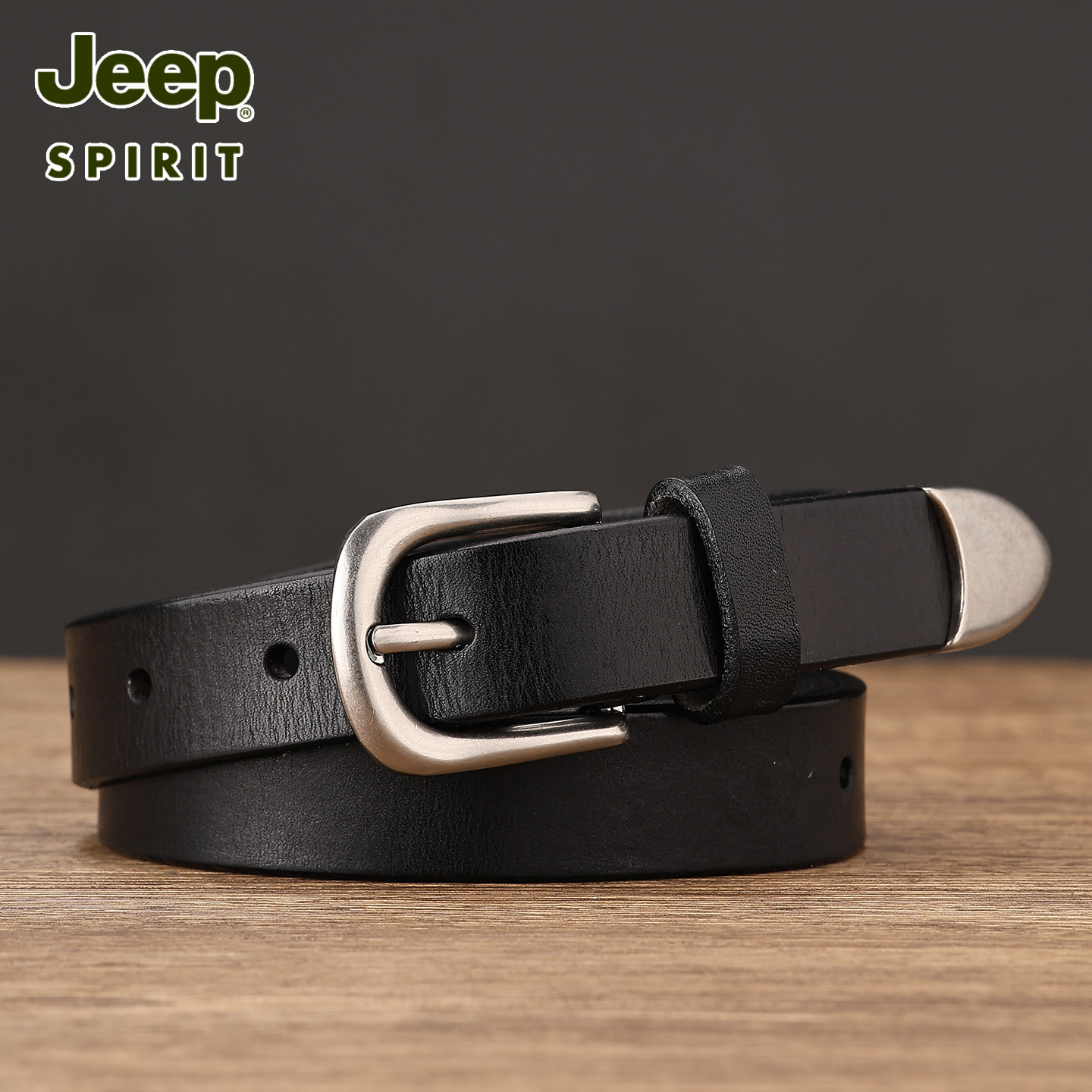 Jeep头层牛皮针扣窄款腰带黑色