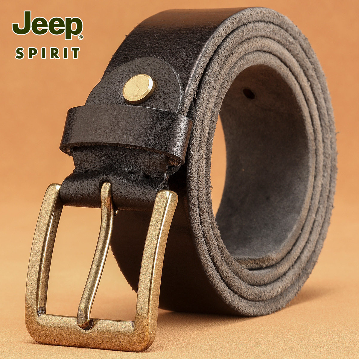 Jeep吉普头层牛皮皮带男真皮青年纯手工实心铜扣腰带休闲针扣裤带
