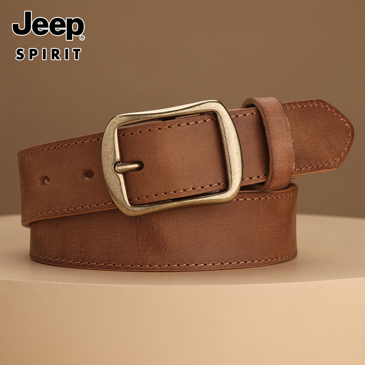 JEEP吉普皮带男士真皮复古休闲腰带头层纯牛皮针扣裤带手工皮带潮