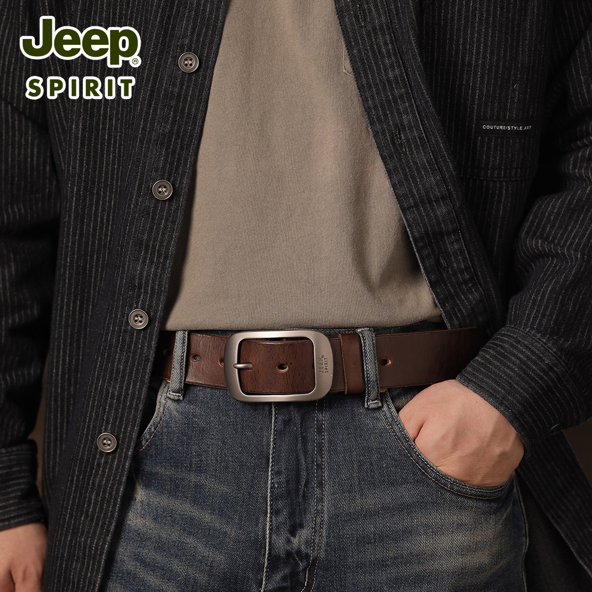 Jeep吉普做旧风裤带美式复古手工男士皮带头层牛皮牛仔裤真皮腰带
