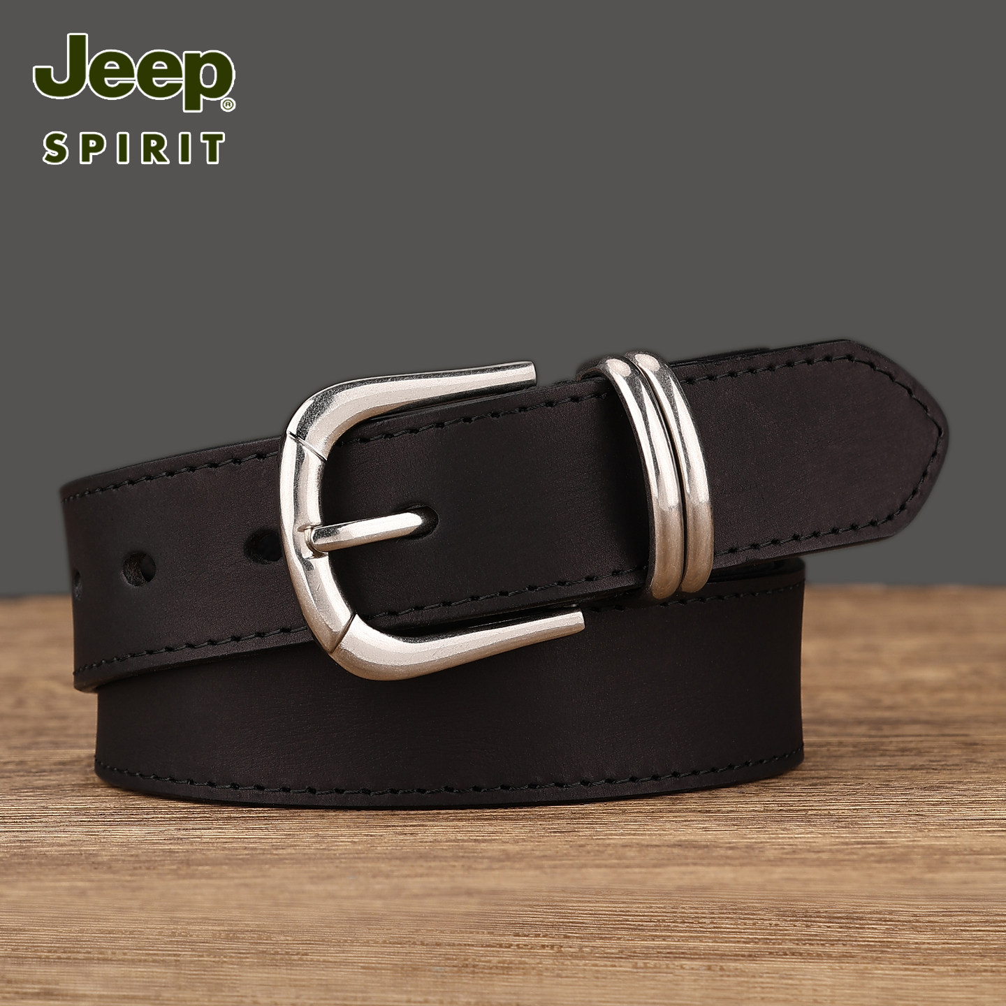 Jeep男士头层牛皮复古针扣腰带