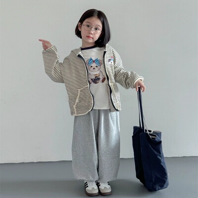 男童女童卡通休闲2025卫衣开衫新款条纹连帽儿童外套洋气宝宝上衣