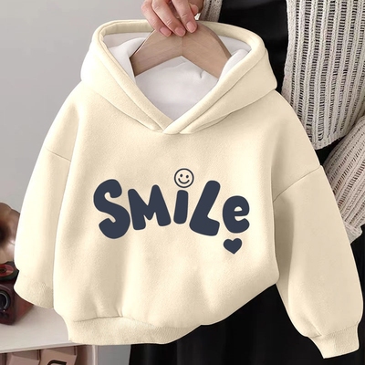 男童女童印花字母加绒卫衣连帽冬季新款冬装男宝加厚一体绒秋冬款