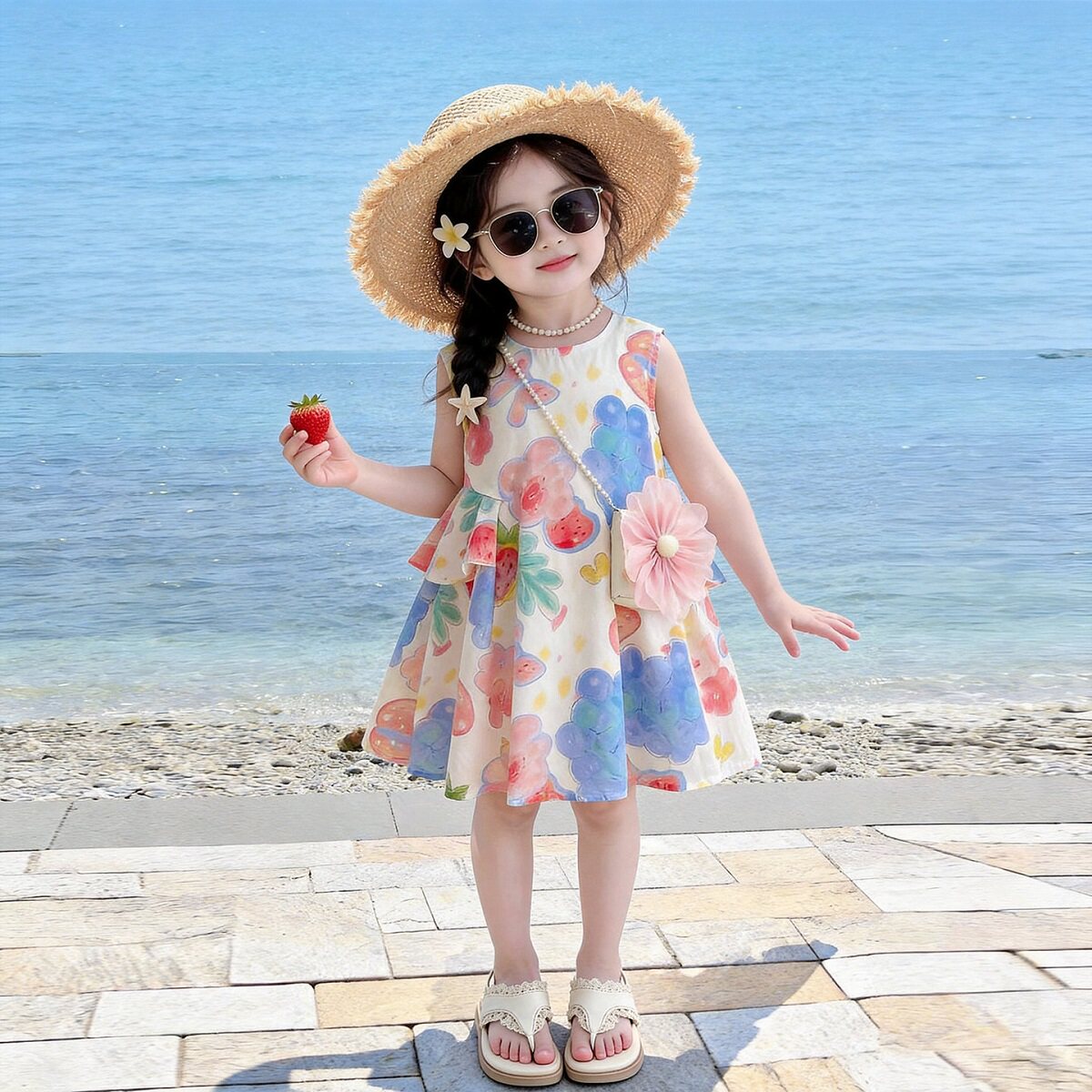 女童夏季无袖连衣裙2026新款小女孩度假风沙滩裙子宝宝粉色公主裙