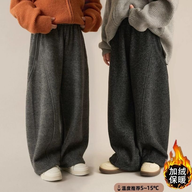 男女童加绒裤子秋冬款2026新款中大童时尚休闲韩版潮流阔腿弯刀裤