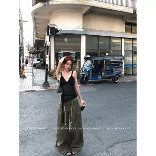 黑色透视网纱V领吊带背心女夏外穿美背纯欲辣妹性感显露内搭上衣
