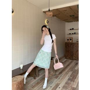 薄荷曼薄绿色网纱格子半身裙2026女夏季 高腰包臀半裙A字短裙 新款