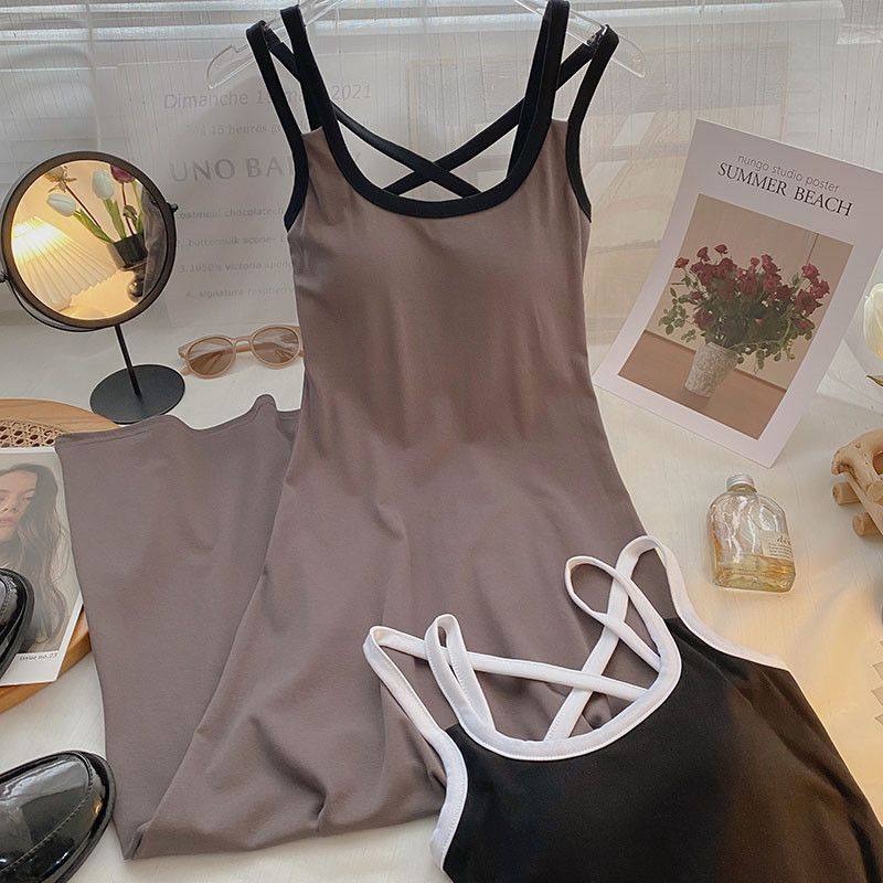 撞色双肩带背心裙女春季新款韩版修身显瘦百搭带胸垫连体吊带长裙,女装/女士精品,连衣裙,淘宝优惠券,粉丝福利购,淘宝优惠卷